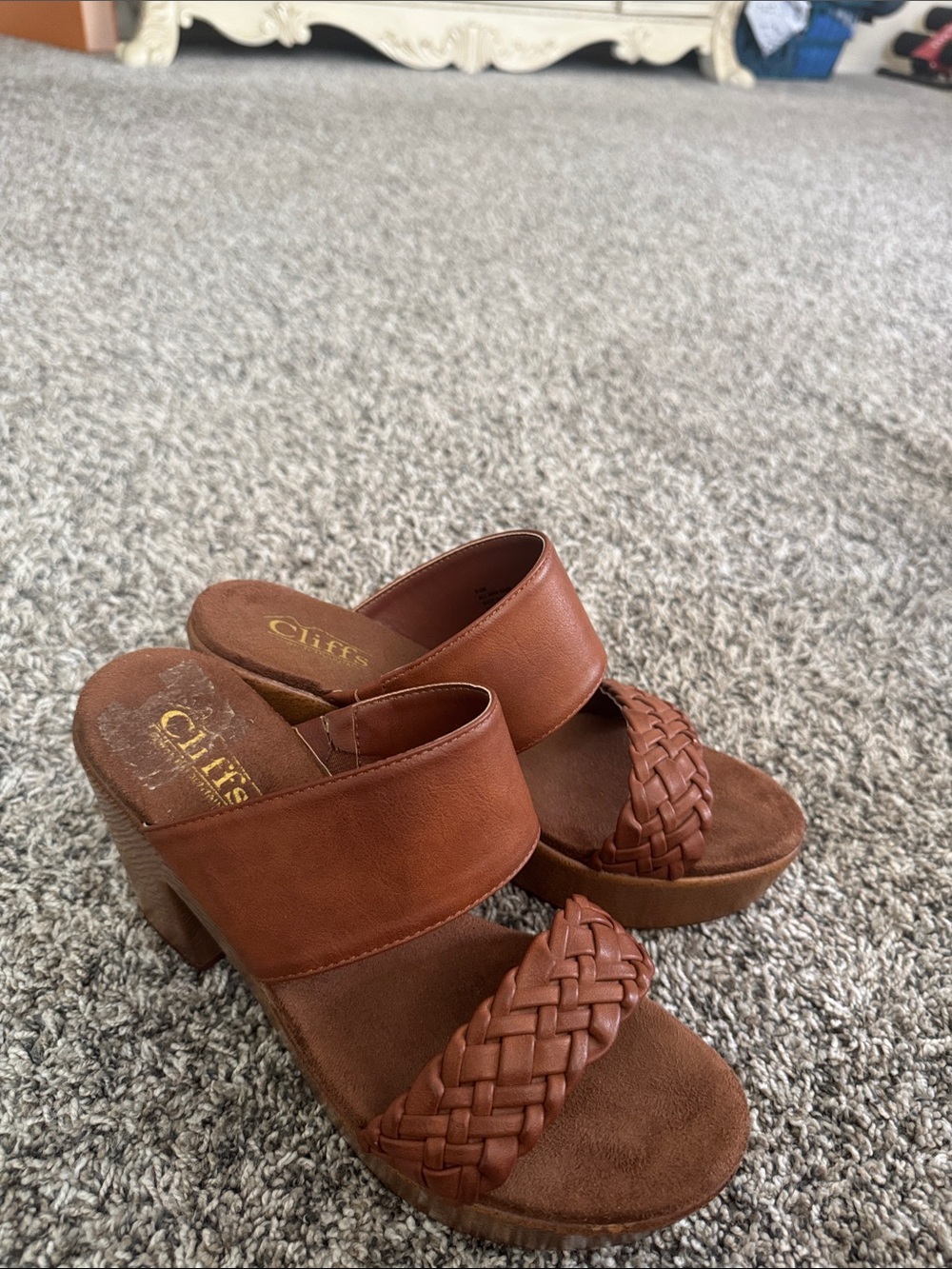 Cliffs by WHITE MOUNTAIN Tan Braided Strap Platform Slide Heels